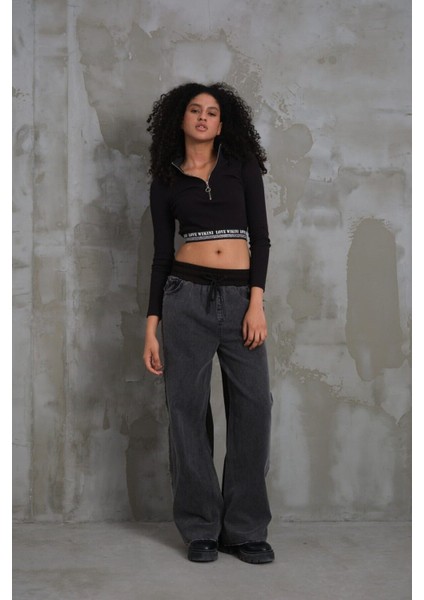 022 Kadın Yan Püsküllü Bol Paça Penye Kot Denim Pantolon
