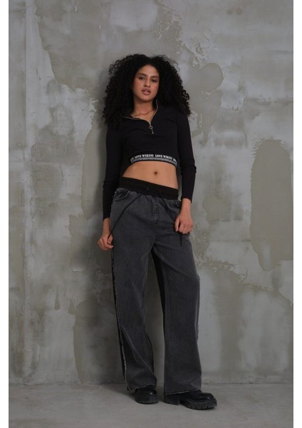 022 Kadın Yan Püsküllü Bol Paça Penye Kot Denim Pantolon fiyatları