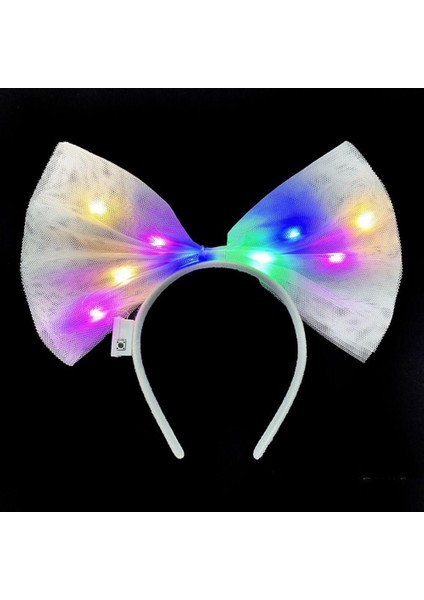 Rengarenk LED Işıklı Fiyonk Şekilli Tül Parti Tacı Beyaz Renk 25X25 cm (4738)