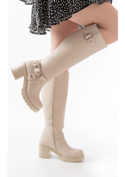 767-3005 Bej Toka Aksesuarlı Fermuarlı Günlük Kalın Topuklu Kadın Bot fırsatları