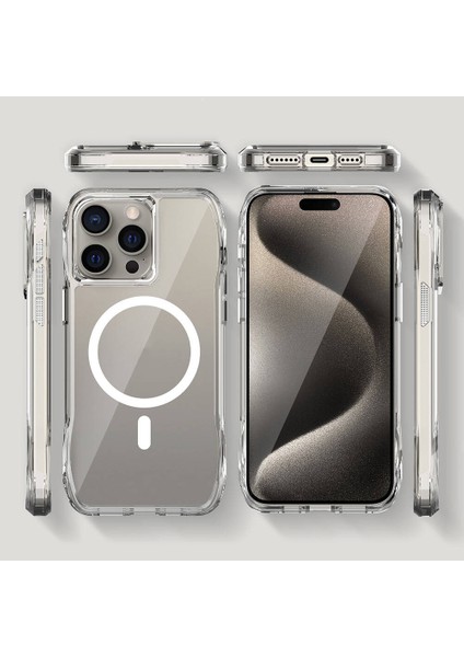 Apple iPhone 15 Pro Max Uyumlu Kılıf Magsafe ve Airbag Özellikli Şeffaf Telefon Kılıfı Kapak