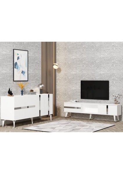 Vannia Tv Sehpası ve Konsol 2'li Salon Takımı Beyaz-Gümüş