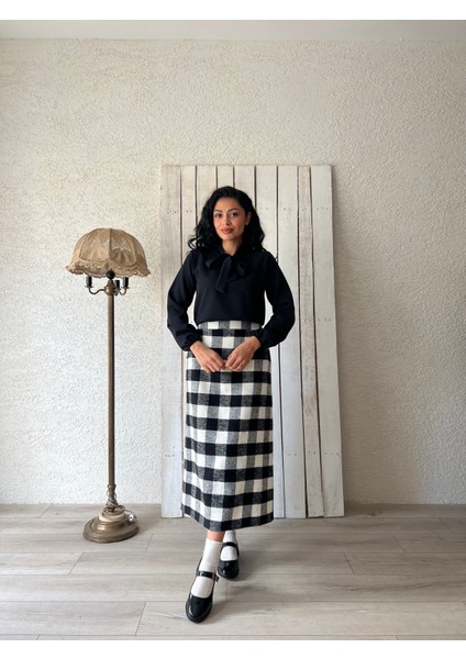 Uzun Siyah Dama Desen Ekose Etek modelleri