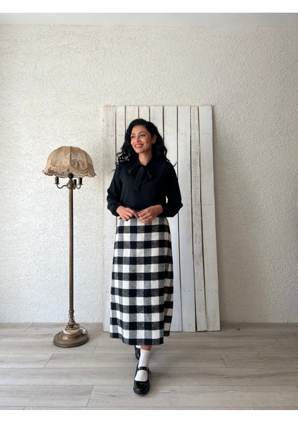 Uzun Siyah Dama Desen Ekose Etek fırsatları