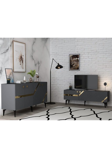 Irris Tv Sehpası ve Konsol 2'li Salon Takımı Antrasit-Altın