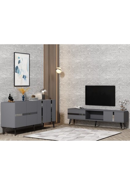 Vannia Tv Sehpası ve Konsol 2'li Salon Takımı Antrasit-Gümüş