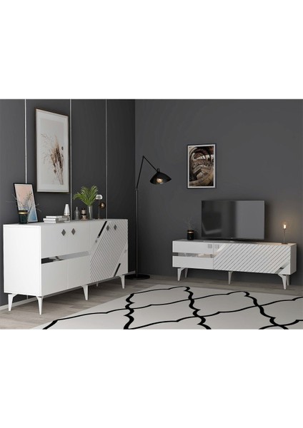 Irris Tv Sehpası ve Konsol 2'li Salon Takımı Beyaz-Gümüş