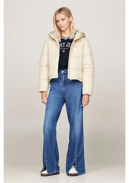 Kadın Kapüşonlu Fermuarlı Şişme Mont - Bej