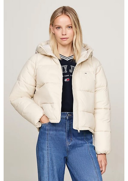 Kadın Kapüşonlu Fermuarlı Şişme Mont - Bej modelleri