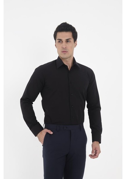 Siyah Kravat Yaka Slim Fit Gömlek