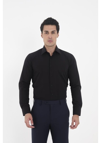 Siyah Kravat Yaka Slim Fit Gömlek