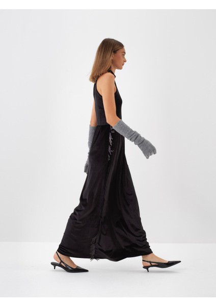 Kadın Siyah Lüks Dokulu Soft Kadife Oversize Elbise