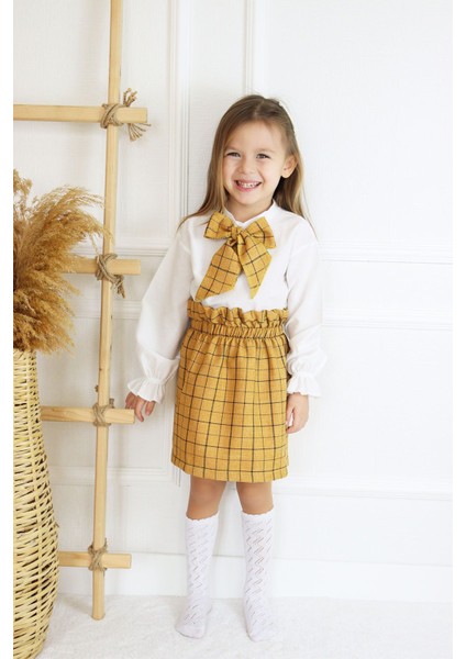 Kız Çocuk Uzun Kollu Hardal 23 Nisan Etek Ekru Bluz Fular Takım