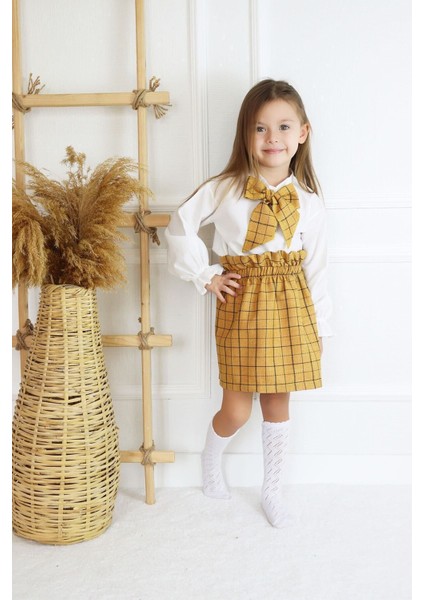 Kız Çocuk Uzun Kollu Hardal 23 Nisan Etek Ekru Bluz Fular Takım fırsatları