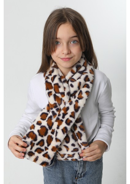 Çocuk Peluş Kaşkol Boyunluk Atkı Rkb-Ç-01 Ekru Leopar 3