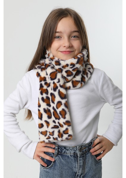 Çocuk Peluş Kaşkol Boyunluk Atkı Rkb-Ç-01 Ekru Leopar 3