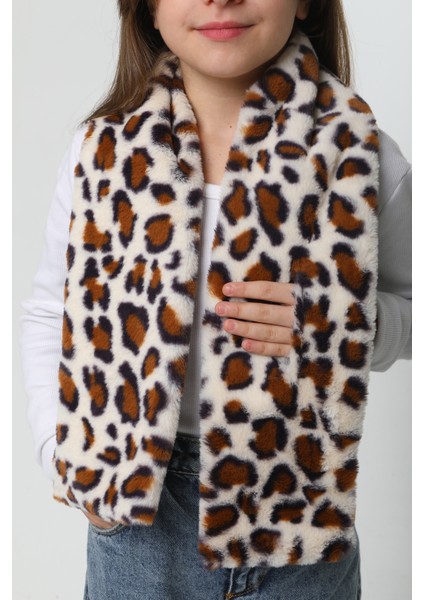 Çocuk Peluş Kaşkol Boyunluk Atkı Rkb-Ç-01 Ekru Leopar 3