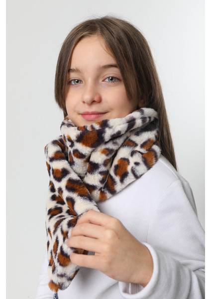 Çocuk Peluş Kaşkol Boyunluk Atkı Rkb-Ç-01 Ekru Leopar 3