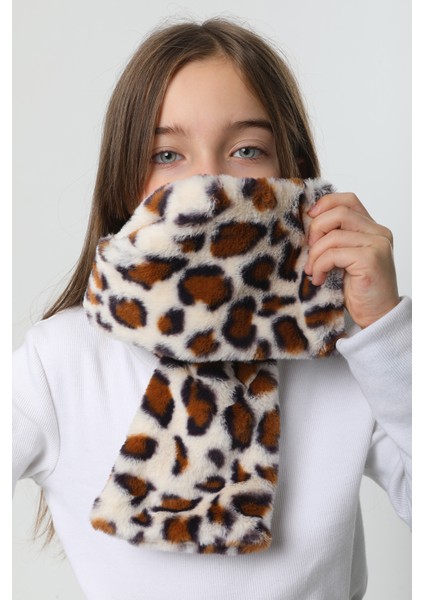 Çocuk Peluş Kaşkol Boyunluk Atkı Rkb-Ç-01 Ekru Leopar 3