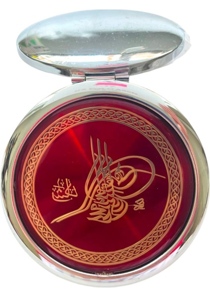 Cep Çanta Makyaj Aynası - Osmanlı Tuğrası Desenli - Metal Ayna - Çift Taraflı - Büyüteçli - Yuvarlak 7 cm