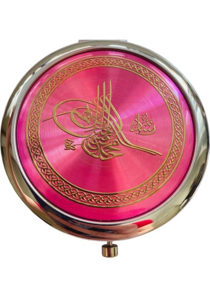 Cep Çanta Makyaj Aynası - Osmanlı Tuğrası Desenli - Metal Ayna - Çift Taraflı - Büyüteçli - Yuvarlak 7 cm