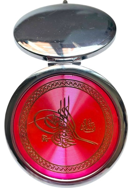 Cep Çanta Makyaj Aynası - Osmanlı Tuğrası Desenli - Metal Ayna - Çift Taraflı - Büyüteçli - Yuvarlak 7 cm