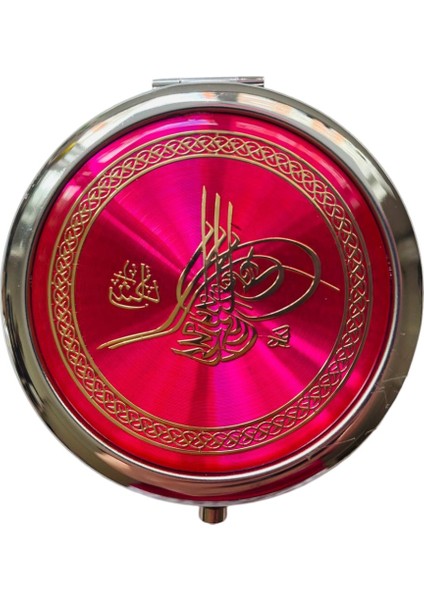 Cep Çanta Makyaj Aynası - Osmanlı Tuğrası Desenli - Metal Ayna - Çift Taraflı - Büyüteçli - Yuvarlak 7 cm