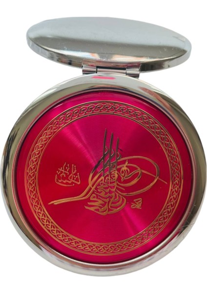 Cep Çanta Makyaj Aynası - Osmanlı Tuğrası Desenli - Metal Ayna - Çift Taraflı - Büyüteçli - Yuvarlak 7 cm
