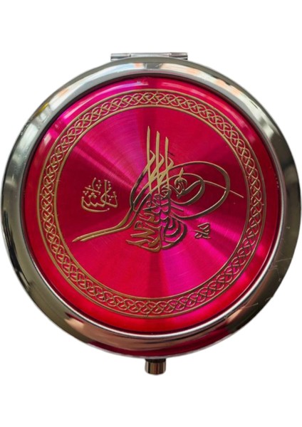 Cep Çanta Makyaj Aynası - Osmanlı Tuğrası Desenli - Metal Ayna - Çift Taraflı - Büyüteçli - Yuvarlak 7 cm