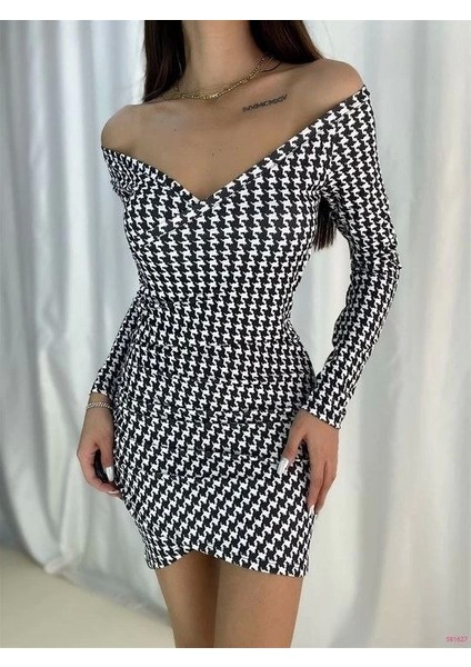 Kadın Kazayağı Desenli Kruvaze Yaka Mini Krep Elbise fiyatları