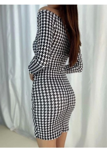 Kadın Kazayağı Desenli Kruvaze Yaka Mini Krep Elbise modelleri