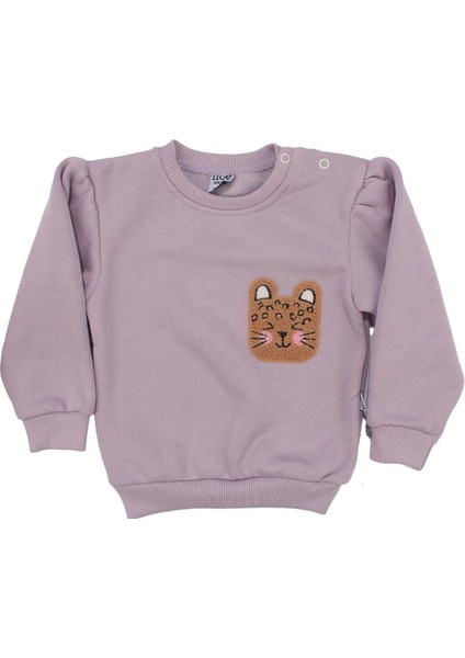Lila Kahve Kedi Nakışlı Leopar Desenli 3 Ip 2'li Kız Bebek Takım - 1014923