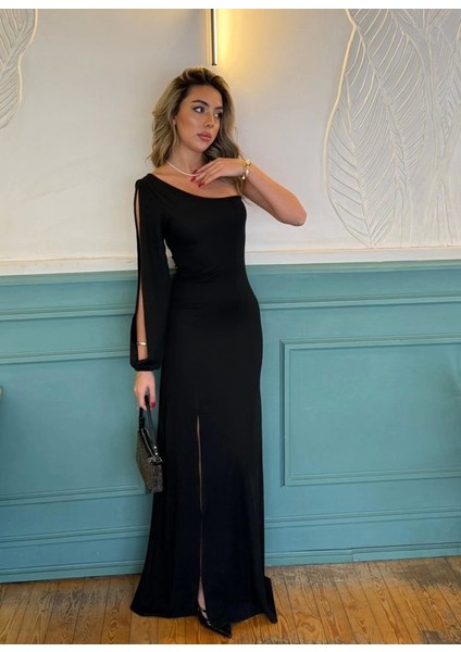 Tek Omuz Açık Derin Yırtmaçlı Krep Tam Boy Elbise fırsatları