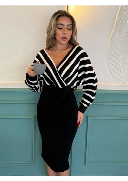 Uzun Kollu Kruvaze Yaka Çizgi Desenli Kısa Triko Elbise fiyatları