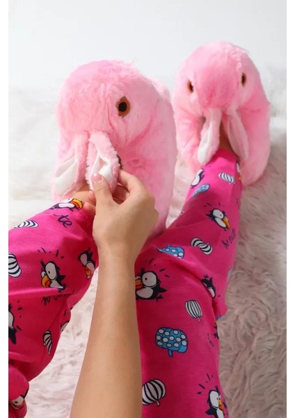 Kadın Kız Çocuk Kombin Pembe Hayvanlı Tavşanlı Panduf Ev Botu modelleri