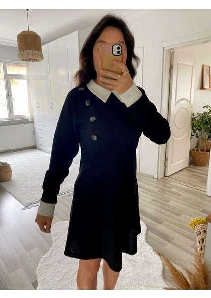 Kadın Uzun Kollu Yakalı A Kesim Kısa Ithal Krep Elbise modelleri