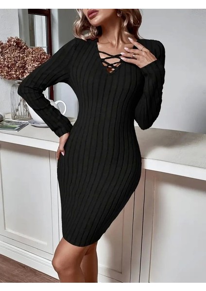 Kadın Uzun Kollu V Yakalı Çapraz Şerit Detaylı Şardonlu Kaşkorse Midi Elbise