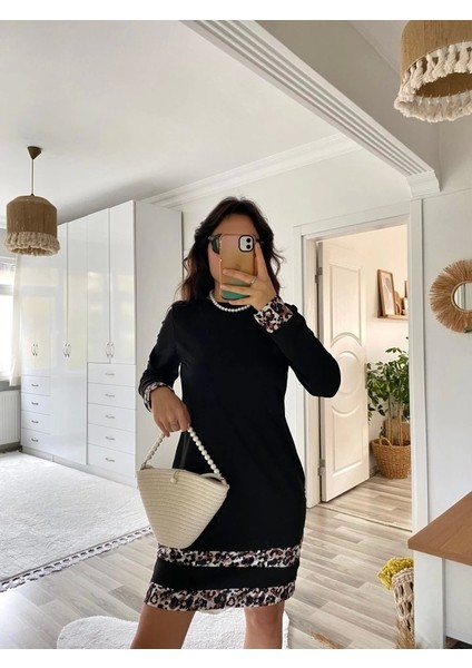 Kadın Uzun Kollu Bisiklet Yaka Şerit Leopar Desenli Dalgıç Elbise fırsatları