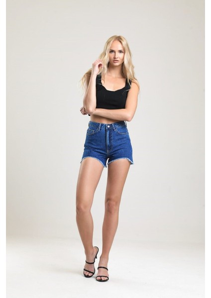 2050 Kadın Püsküllü Paça Jeans Denim Kot Şort