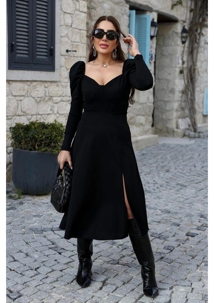 Kadın Uzun Kollu Göğüs ve Sırt Dekolteli Krep Midi Boy Elbise fiyatları