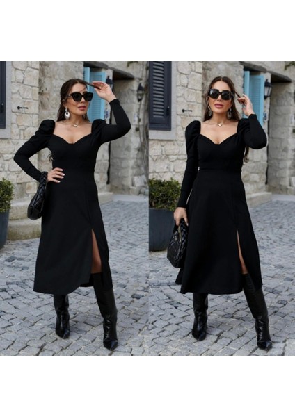 Kadın Uzun Kollu Göğüs ve Sırt Dekolteli Krep Midi Boy Elbise modelleri