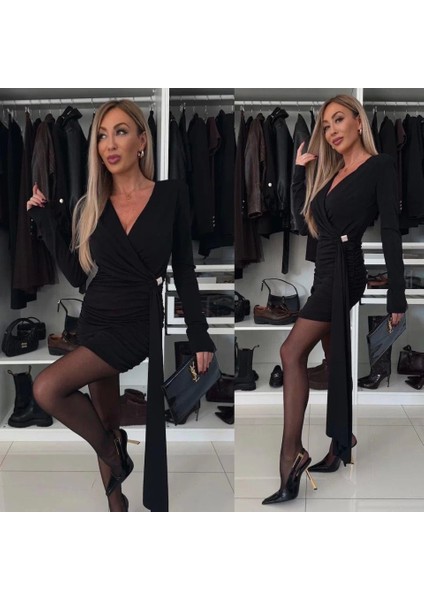 Kadın Uzun Kollu Toka ve Büzgü Detay Mini Elbise modelleri