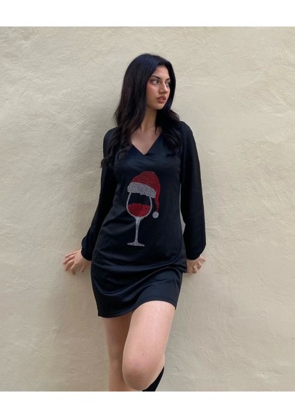 Kadın Uzun Kollu V Yaka Baskılı Dalgıç Kumaş Elbise