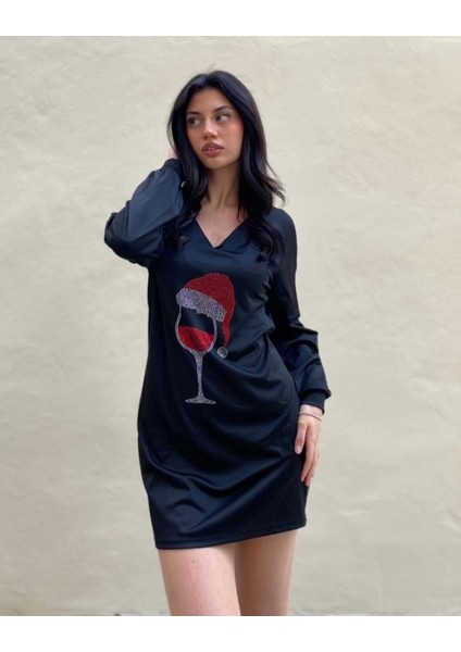 Kadın Uzun Kollu V Yaka Baskılı Dalgıç Kumaş Elbise indirimleri