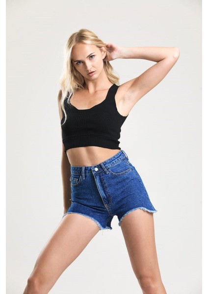2050 Kadın Püsküllü Paça Jeans Denim Kot Şort