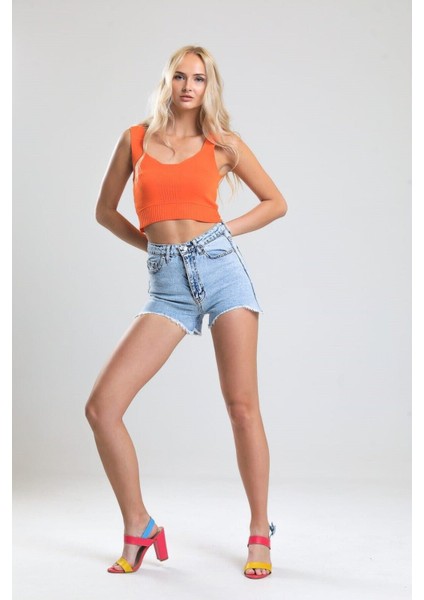 2050 Kadın Püsküllü Paça Jeans Denim Kot Şort