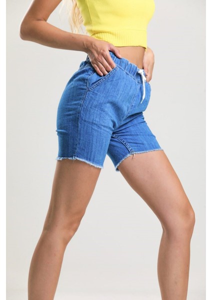 2080 Kadın Püsküllü Paça Jeans Denim Kot Şort