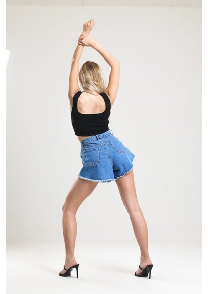 2080 Kadın Püsküllü Paça Jeans Denim Kot Şort