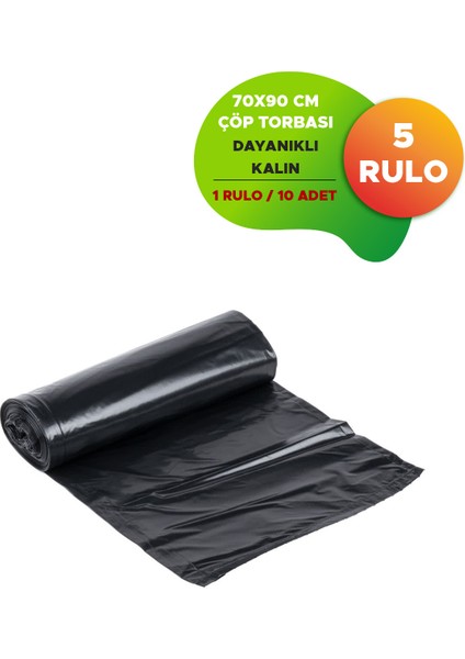 Battal Boy Siyah Çöp Torbası Endüstriyel Kalın Dayanıklı 70 x 90 Çöp Poşeti 5 Rulo 50 Adet