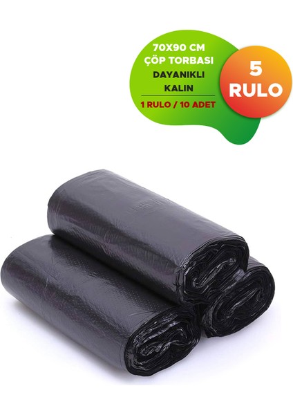Battal Boy Siyah Çöp Torbası Endüstriyel Kalın Dayanıklı 70 x 90 Çöp Poşeti 5 Rulo 50 Adet